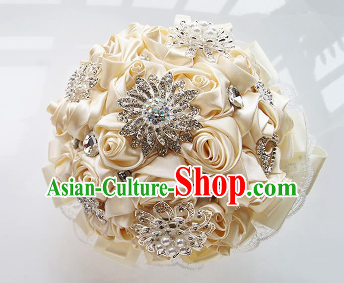 Top Grade Classical Wedding Beige Ribbon Corsage Brooch, Bride Emulational Corsage Bridemaid Brooch Flowers for Women