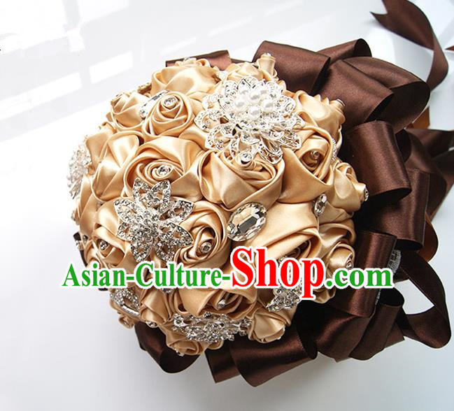 Top Grade Classical Wedding Coffee Ribbon Corsage Brooch, Bride Emulational Corsage Bridemaid Brooch Flowers for Women