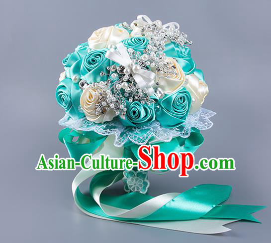 Top Grade Classical Wedding Blue Ribbon Silk Flowers, Bride Holding Emulational Flowers Ball, Hand Tied Bouquet Flowers for Women