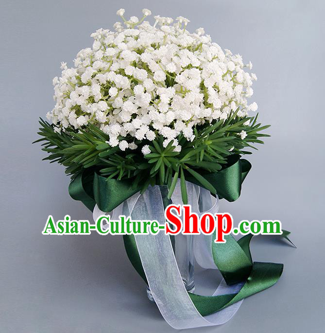 Top Grade Classical Wedding White Babysbreath Silk Flowers, Bride Holding Emulational Flowers Ball, Hand Tied Bouquet Flowers for Women