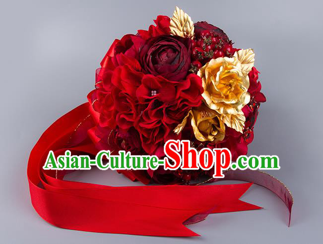 Top Grade Classical China Wedding Extravagant Red Ribbon Flowers Nosegay, Bride Holding Luxury Crystal Flowers Ball Hand Tied Bouquet Flowers for Women