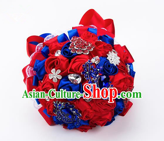 Top Grade Classical China Wedding Extravagant Ribbon Rose Flowers Nosegay, Bride Holding Luxury Crystal Flowers Ball Hand Tied Bouquet Flowers for Women