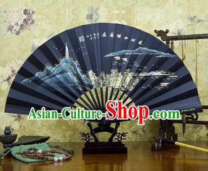 Traditional Chinese Crafts Ebonize Folding Fan, China Sensu Landscape Painting Calligraphy Silk Fan Hanfu Fans for Men