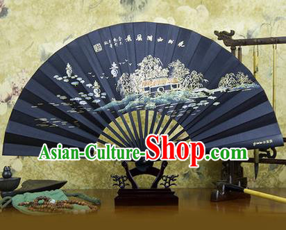 Traditional Chinese Crafts Ebonize Folding Fan, China Sensu Landscape Painting Calligraphy Silk Fan Hanfu Fans for Men