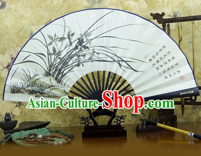 Traditional Chinese Crafts Ebonize Folding Fan, China Sensu Ink Painting Orchid Silk Fan Hanfu Fans for Men