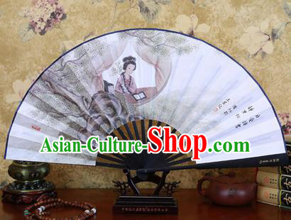 Traditional Chinese Crafts Ebonize Folding Fan, China Sensu Ink Painting Beauty Silk Fan Hanfu Fans for Men