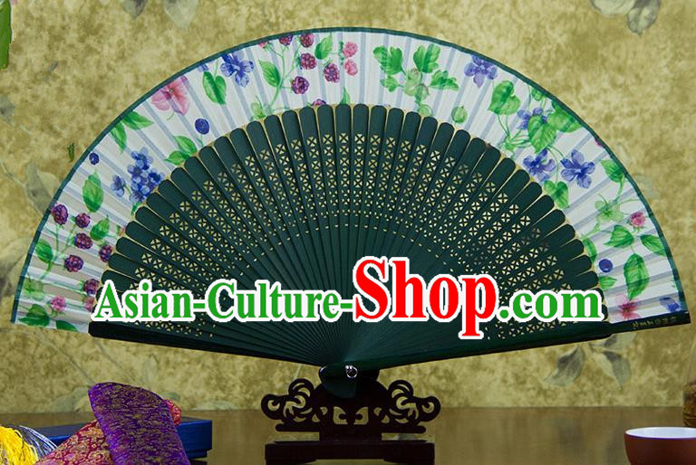 Traditional Chinese Handmade Crafts Green Folding Fan, China Sensu Ink Painting Flowers Silk Fan Hanfu Fans for Women