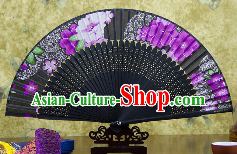 Traditional Chinese Handmade Crafts Folding Fan, China Sensu Ink Painting Purple Flowers Silk Fan Hanfu Fans for Women