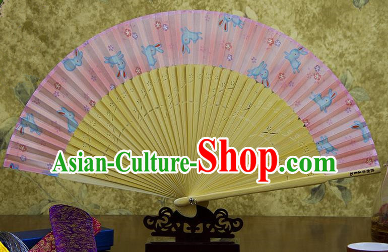 Traditional Chinese Handmade Crafts Pink Folding Fan, China Sensu Printing Rabbits Silk Fan Hanfu Fans for Women