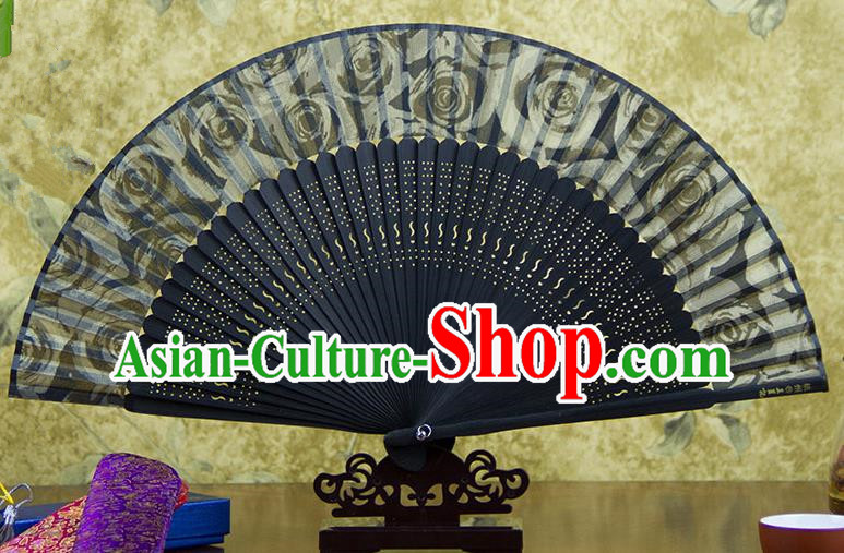 Traditional Chinese Handmade Crafts Black Folding Fan, China Sensu Ink Painting Flowers Silk Fan Hanfu Fans for Women