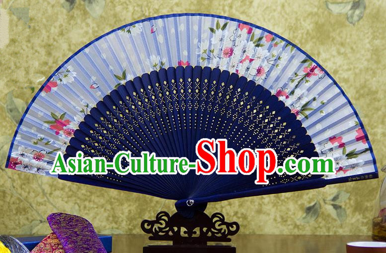 Traditional Chinese Handmade Crafts Blue Folding Fan, China Sensu Printing Flowers Silk Fan Hanfu Fans for Women