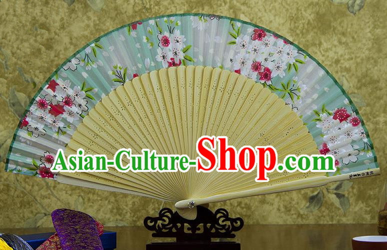Traditional Chinese Handmade Crafts Green Folding Fan, China Sensu Printing Flowers Silk Fan Hanfu Fans for Women