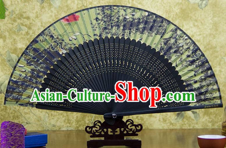 Traditional Chinese Handmade Crafts Black Folding Fan, China Sensu Printing Flowers Silk Fan Hanfu Fans for Women