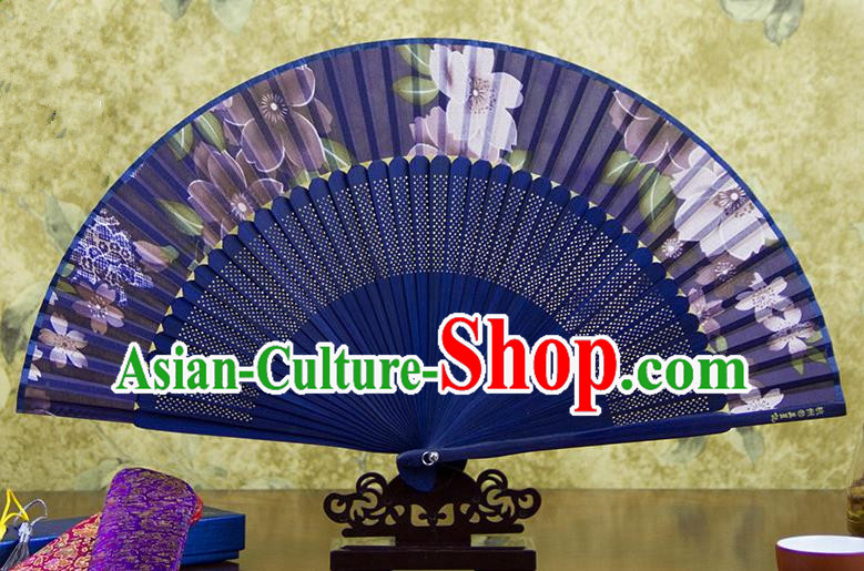 Traditional Chinese Handmade Crafts Blue Folding Fan, China Sensu Printing Flowers Silk Fan Hanfu Fans for Women