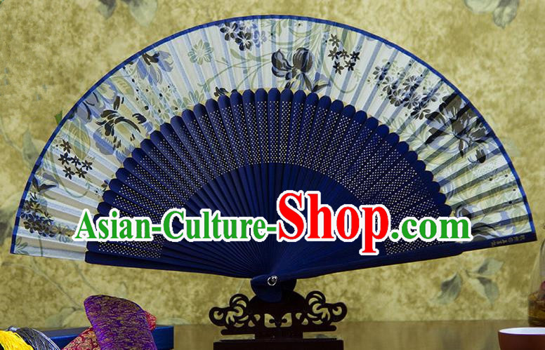 Traditional Chinese Handmade Crafts Royalblue Folding Fan, China Sensu Printing Flowers Silk Fan Hanfu Fans for Women