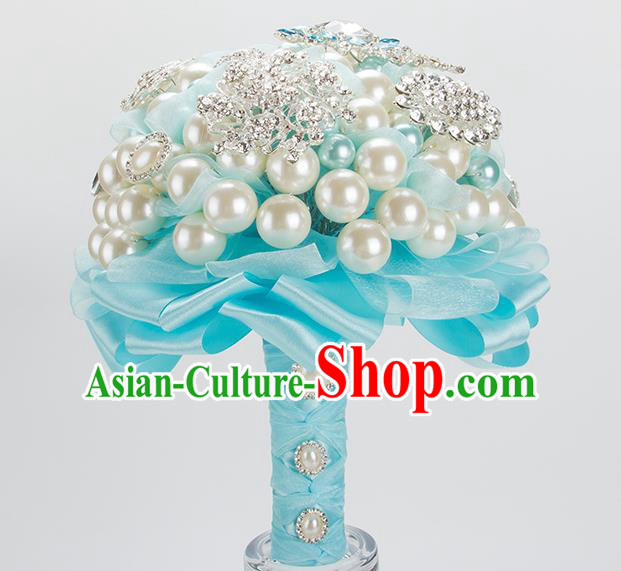 Top Grade Classical Wedding Bride Blue Ribbon Flowers Holding Emulational Flowers Ball, Crystal Hand Tied Bouquet Flowers for Women