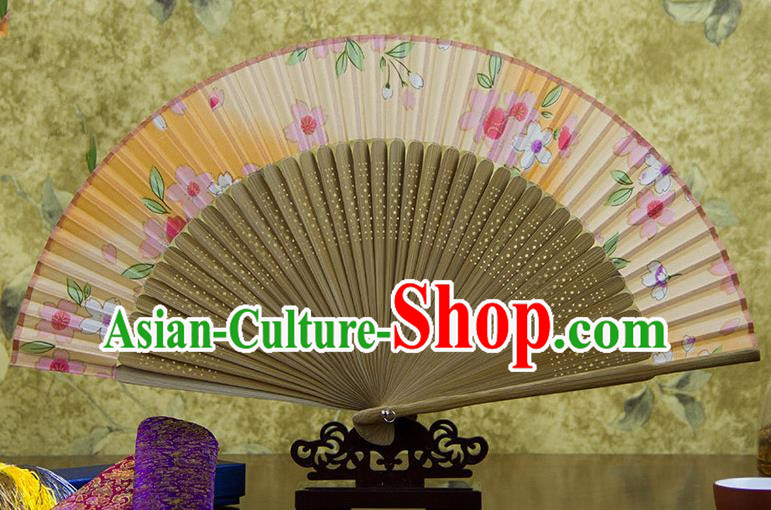 Traditional Chinese Handmade Crafts Orange Folding Fan, China Sensu Printing Flowers Silk Fan Hanfu Fans for Women