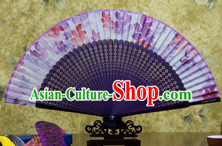 Traditional Chinese Handmade Crafts Purple Folding Fan, China Sensu Printing Flowers Silk Fan Hanfu Fans for Women