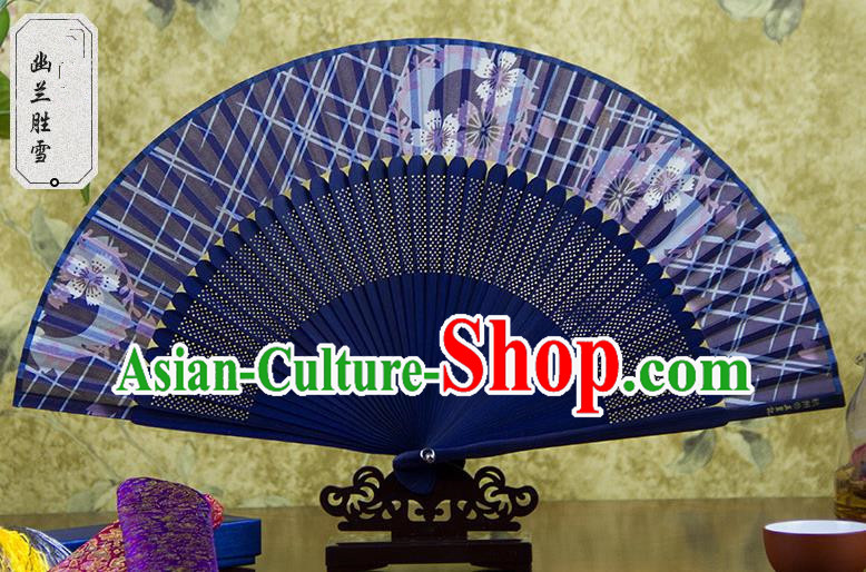 Traditional Chinese Handmade Crafts Royalblue Folding Fan, China Sensu Printing Flowers Silk Fan Hanfu Fans for Women