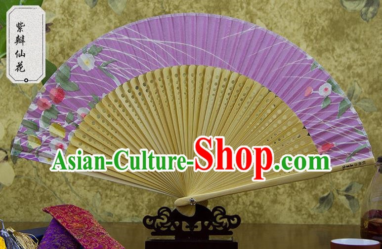 Traditional Chinese Handmade Crafts Lilac Folding Fan, China Sensu Printing Flowers Silk Fan Hanfu Fans for Women