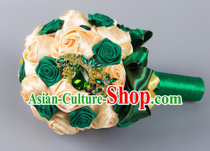 Top Grade Classical Wedding Bride Champagne and Green Silk Rose Flowers Holding Emulational Flowers Ball, Hand Tied Bouquet Flowers for Women