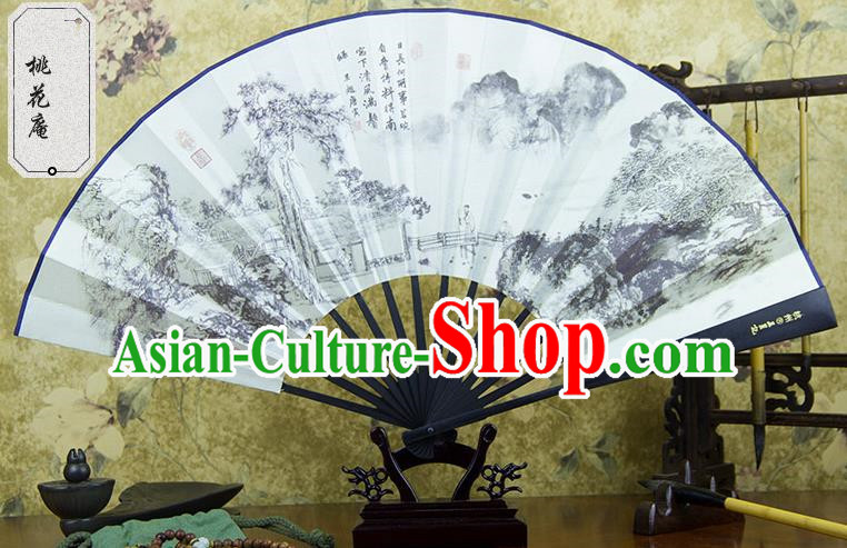 Traditional Chinese Handmade Crafts Ebonize Folding Fan, China Sensu Painting Peach Blossom Silk Fan Hanfu Fans for Men