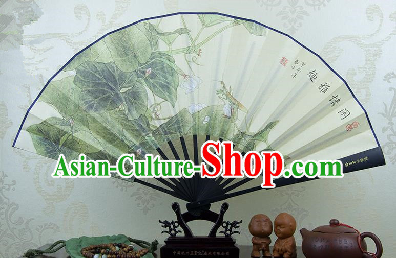 Traditional Chinese Handmade Crafts Ebonize White Folding Fan, China Sensu Painting West Lake Lotus Silk Fan Hanfu Fans for Men