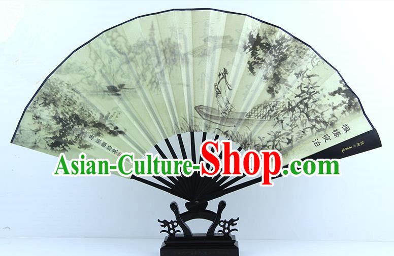 Traditional Chinese Handmade Crafts Ebonize White Folding Fan, China Sensu Painting Soliloquy at Cold Mountain Temple Silk Fan Hanfu Fans for Men