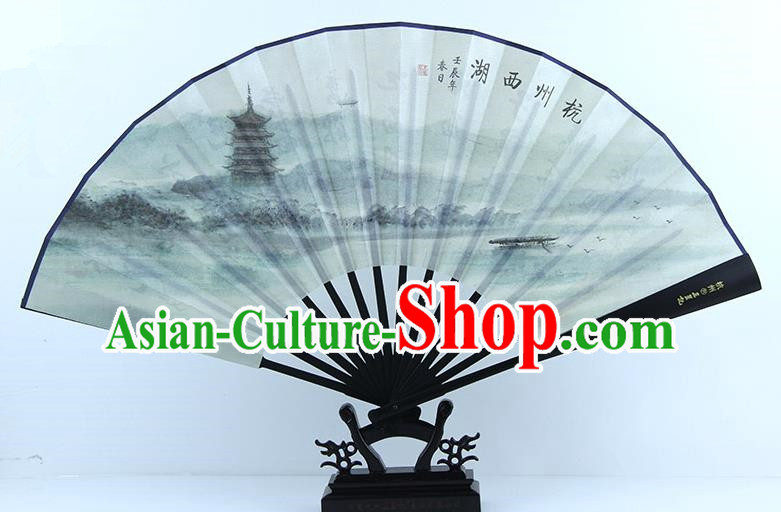 Traditional Chinese Handmade Crafts Ebonize Folding Fan, China Sensu Painting Hangzhou West Lake Scenery Silk Fan Hanfu Fans for Men