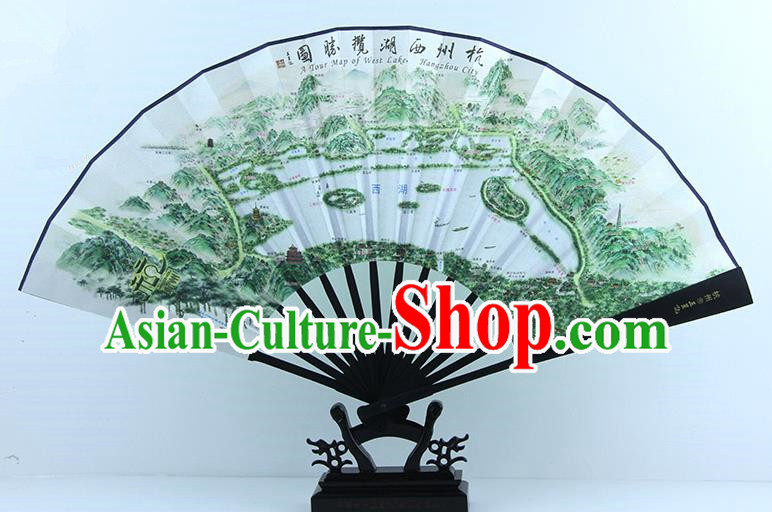 Traditional Chinese Handmade Crafts Ebonize Folding Fan, China Sensu Painting Hangzhou West Lake Map Silk Fan Hanfu Fans for Men