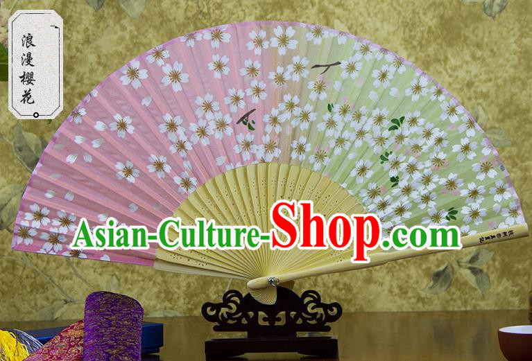 Traditional Chinese Handmade Crafts Folding Fan, China Pink Printing Oriental Cherry Sensu Silk Fan Hanfu Fans for Women