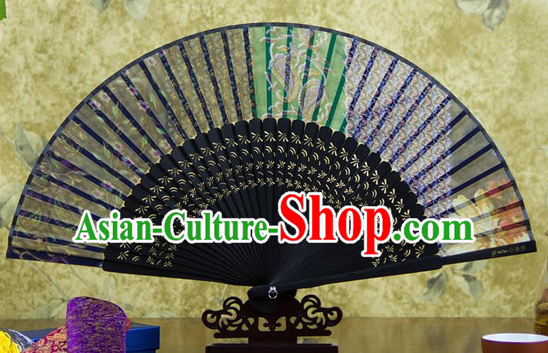 Traditional Chinese Handmade Crafts Folding Fan, China Pink Printing Flowers Sensu Black Silk Fan Hanfu Fans for Women