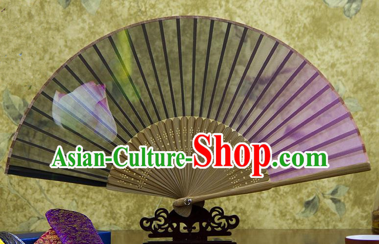 Traditional Chinese Handmade Crafts Folding Fan, China Green Printing Lotus Flowers Sensu Pink Silk Fan Hanfu Fans for Women