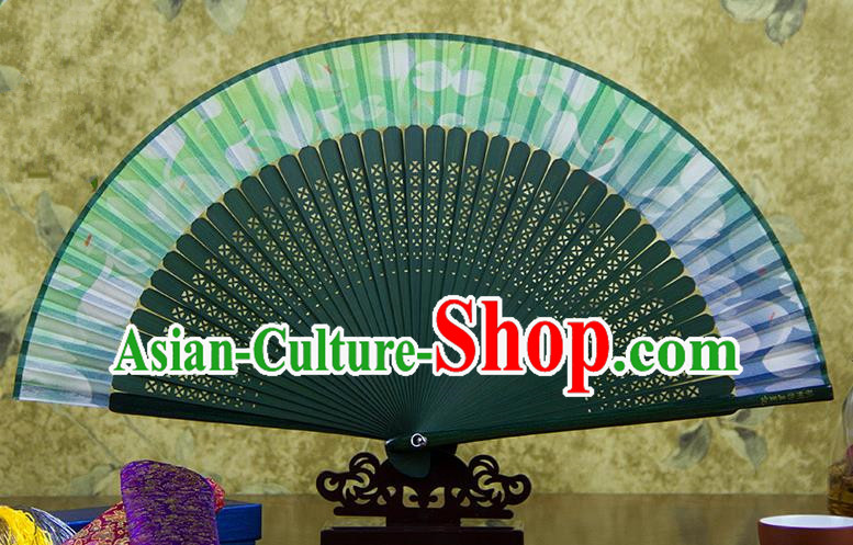 Traditional Chinese Handmade Crafts Folding Fan, China Green Printing Flowers Sensu Black Silk Fan Hanfu Fans for Women