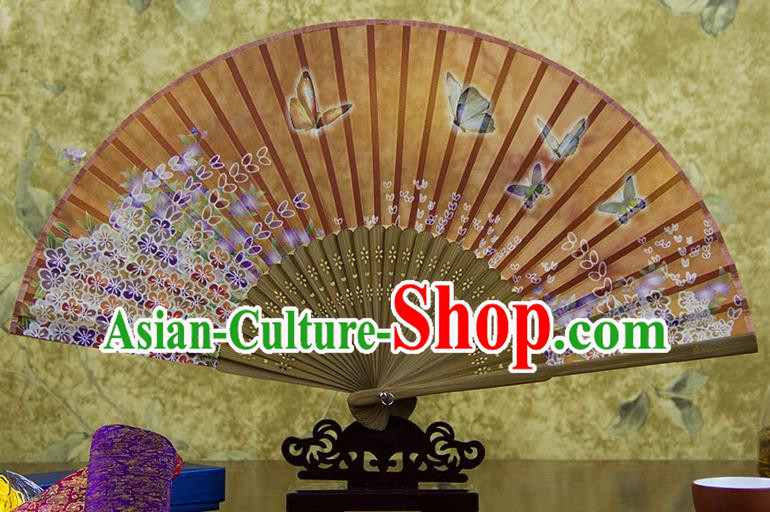 Traditional Chinese Handmade Crafts Folding Fan, China Green Printing Butterfly Flowers Sensu Orange Silk Fan Hanfu Fans for Women