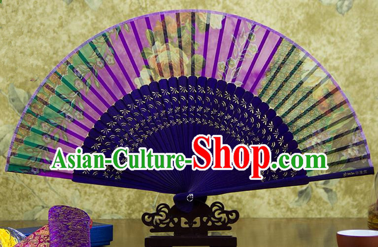 Traditional Chinese Handmade Crafts Folding Fan, China Green Printing Purple Flowers Sensu Orange Silk Fan Hanfu Fans for Women