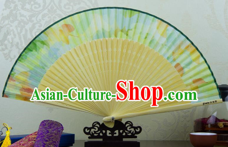 Traditional Chinese Handmade Crafts Folding Fan, China Green Printing Flowers Sensu Green Silk Fan Hanfu Fans for Women