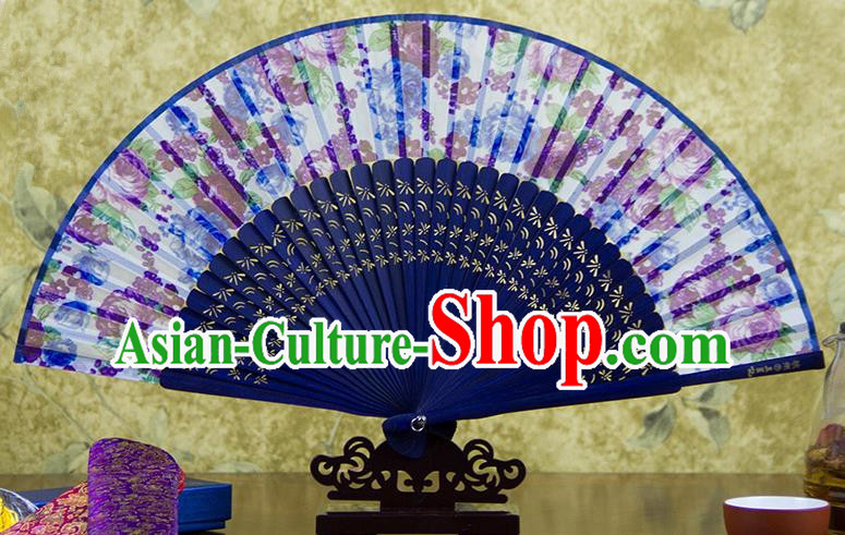 Traditional Chinese Handmade Crafts Folding Fan, China Printing Flowers Sensu Purple Silk Fan Hanfu Fans for Women