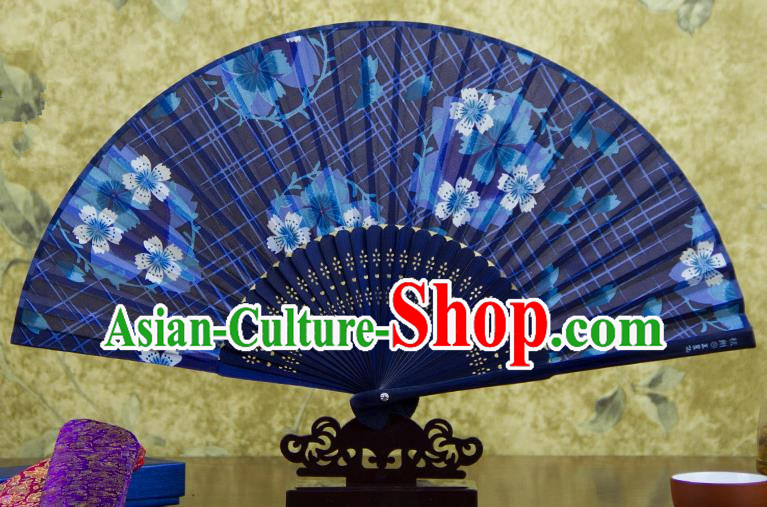 Traditional Chinese Handmade Crafts Folding Fan, China Printing Flowers Sensu Blue Silk Fan Hanfu Fans for Women