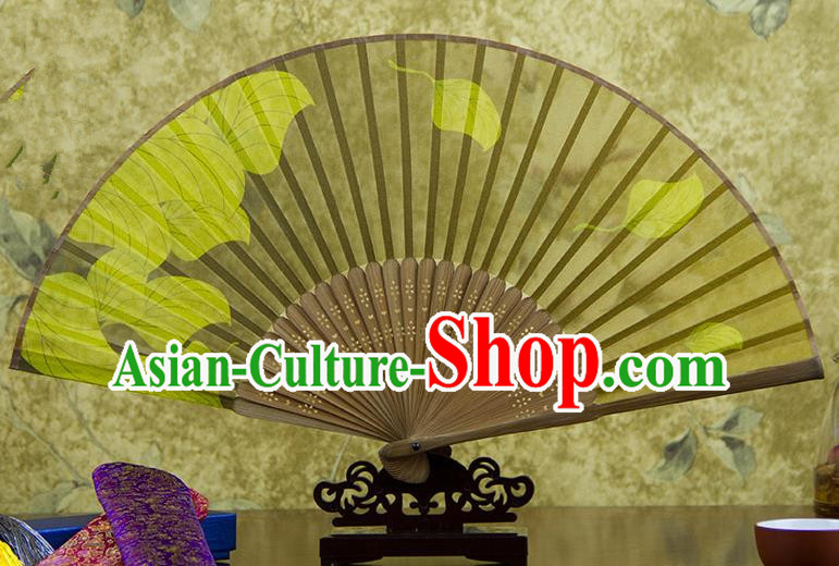 Traditional Chinese Handmade Crafts Folding Fan, China Printing Leaf Sensu Yellow Silk Fan Hanfu Fans for Women