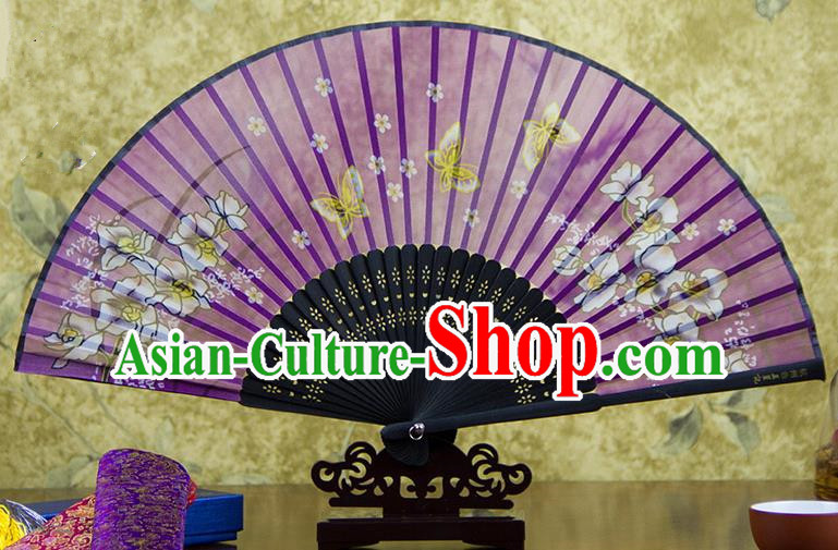 Traditional Chinese Handmade Crafts Folding Fan, China Printing Butterfly Sensu Purple Silk Fan Hanfu Fans for Women