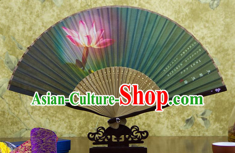 Traditional Chinese Handmade Crafts Folding Fan, China Printing Lotus Flower Sensu Green Silk Fan Hanfu Fans for Women