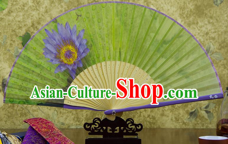 Traditional Chinese Handmade Crafts Folding Fan, China Printing Blue Lotus Flower Sensu Silk Fan Hanfu Fans for Women