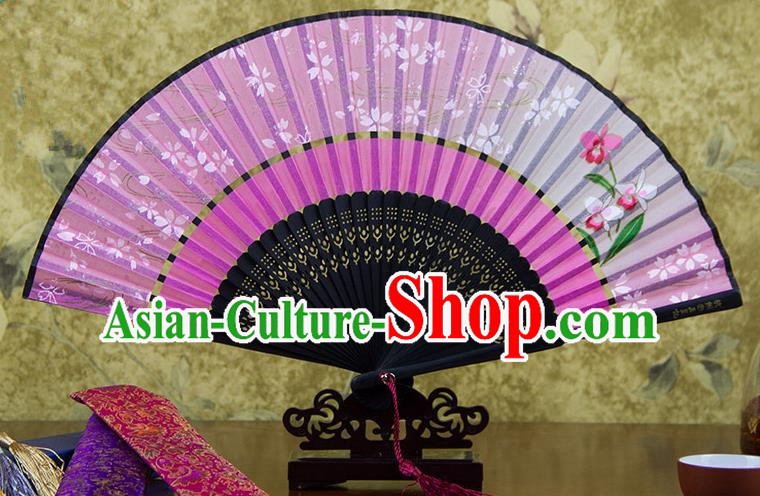 Traditional Chinese Handmade Crafts Two-segment Folding Fan, China Printing Flowers Sensu Pink Silk Fan Hanfu Fans for Women