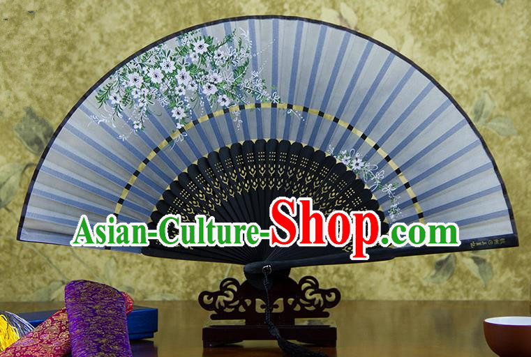 Traditional Chinese Handmade Crafts Two-segment Folding Fan, China Printing Flowers Sensu Blue Silk Fan Hanfu Fans for Women