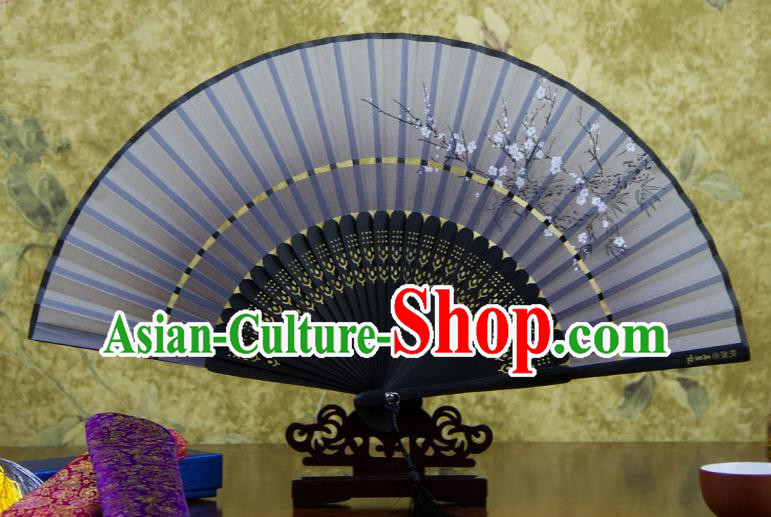 Traditional Chinese Handmade Crafts Two-segment Folding Fan, China Printing Plum Blossom Sensu Grey Silk Fan Hanfu Fans for Women