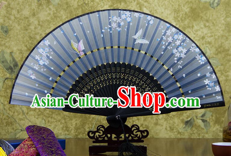 Traditional Chinese Handmade Crafts Two-segment Folding Fan, China Printing Butterfly Sensu Blue Silk Fan Hanfu Fans for Women