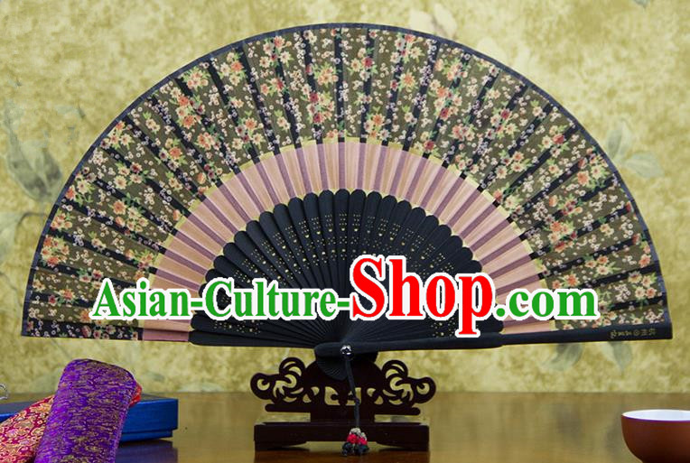 Traditional Chinese Handmade Crafts Two-segment Folding Fan, China Printing Flowers Sensu Black Silk Fan Hanfu Fans for Women