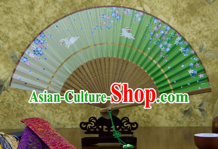 Traditional Chinese Handmade Crafts Two-segment Folding Fan, China Printing Flowers Rabbit Sensu Green Silk Fan Hanfu Fans for Women