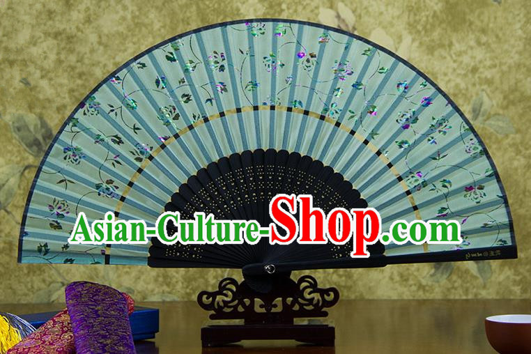 Traditional Chinese Handmade Crafts Two-segment Folding Fan, China Printing Rose Flowers Sensu Light Blue Silk Fan Hanfu Fans for Women